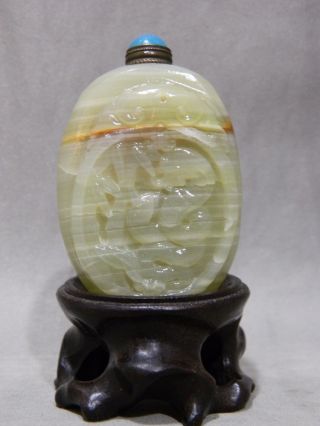 Antique Chinese Qing Dynasty Dragon Carved Agate Lapis Lazuli Cap Snuff Bottle photo