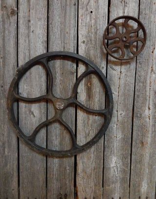 2 Antique Rustic Cast Iron Pulley Gear Wheels Industrial Steampunk Large & Small photo