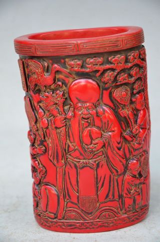 Delicate Chinese Red Coral Hand Carved God Of Longevity Brush Pot photo