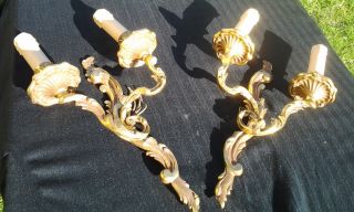 Vintage Ornate Gilt Solid Brass Wall Lights,  French photo