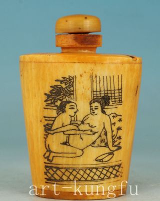Chinese Old Yak Bone Handmade Painting Belle Snuff Bottle Art Gift Decoration photo