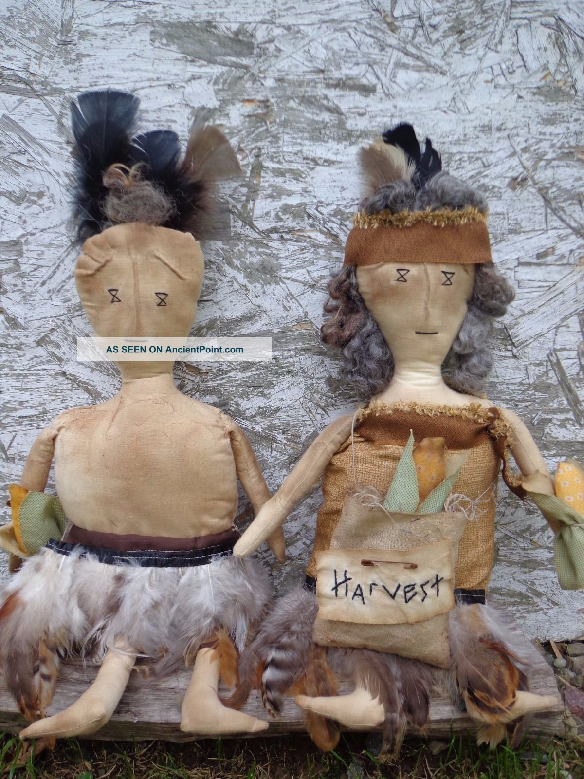 Primitive Thanksgiving Halloween Indian Dolls Sitters - - Squanto And His Maiden Primitives photo
