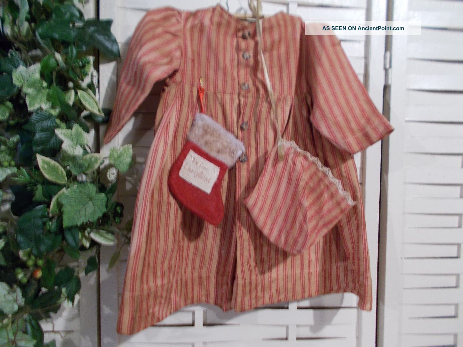 Old Fashion Primitive Christmas Dress And Bonnet Red Ticking Stained Stocking Primitives photo