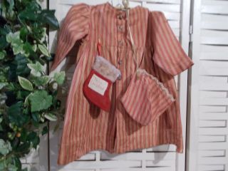 Old Fashion Primitive Christmas Dress And Bonnet Red Ticking Stained Stocking photo