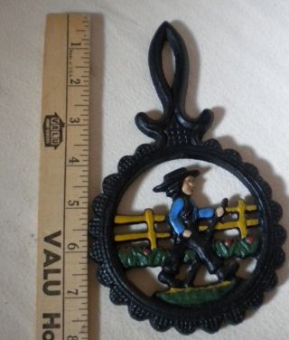 Vintage Pair Cast Iron Amish Boy & Girl Handpainted Decorative Trivets Footed photo
