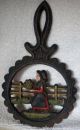 Vintage Pair Cast Iron Amish Boy & Girl Handpainted Decorative Trivets Footed Trivets photo 4