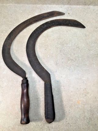 2 Vintage Hand Held Scythe Sickle Primitive Farm Blacksmith Tools Wooden Handles photo