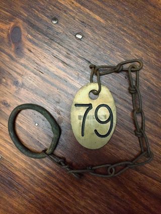 Vintage Lucky 79 Antique Brass Old Cow Tag 2 Sided With Chain Farm Rusty photo