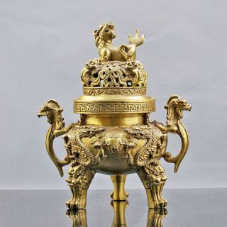 Chinese Collectable Brass Copper Hand Carved Dragon Incense Burner W Xuande Mark photo