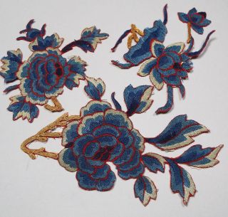 Antique Chinese Embroidered Silk Applique Large Lotus Flowers Three photo