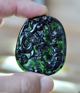 Chinese Hand - Carved Dark Green Natural Nephrite Dragon Pendant photo