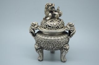 Chinese Old Silver Dragon Beast Pi Xiu Lion Head Statue Incense Burner Ceaser photo