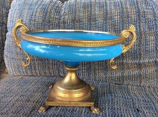 French Bronze Ormolu Blue Opaline Glass Tazza Bowl Stand photo
