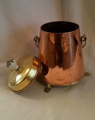 Antique/vintage Ash Bucket Kettle,  Lid Yellow / Red Copper Claws 12 Inches photo