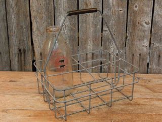 Antique Primitive Vintage Motor Oil / 4 Milk Bottle Carrier Wire Rack Holder photo