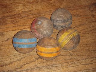 Antique Croquet Balls Ribbed Wood Pre Ww 2 photo