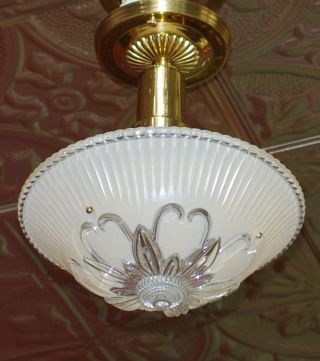 Vintage Art Deco Large Shade And Brass Ceiling Light Fixture Chandelier photo