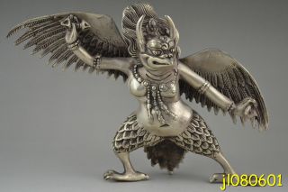 Collectible Rare Old Tibet Silver Carve Hawk Man Cointegrant God Warrior Statue photo