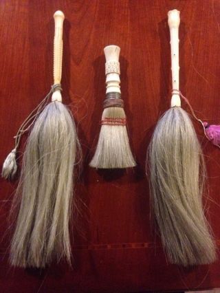 Antique Vintage Estate Horse Hair Carved Fly Swatter Brush Ivory Color photo