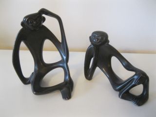 2 Whimsical Silly Mid Century Modern Ceramic Monkey Figurines photo