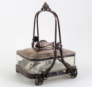 Antique Sardine Box Fish Dish Silver Plate Stand Etched Glass Victorian Serving photo