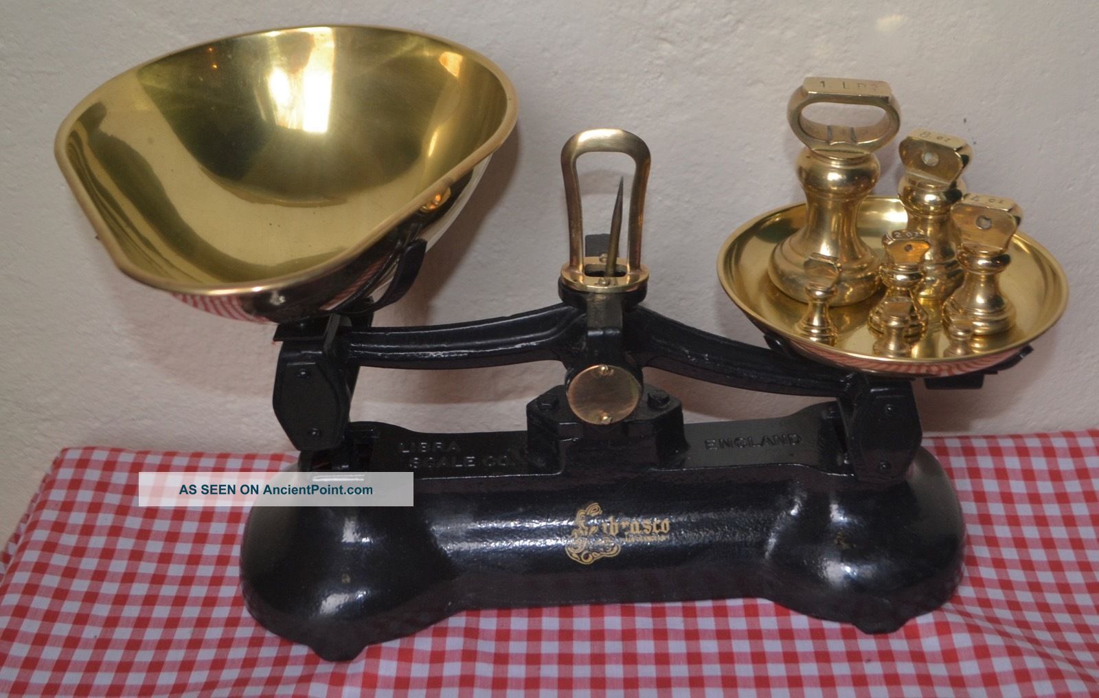 English Librasco Black Kitchen Balance Scales 7 Librasco Brass Bell Weights Boxe Scales photo
