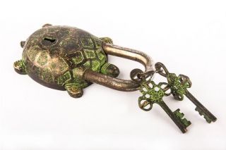Decorative Green Tortoise Antique Hand Carved Brass Turtle Pad Lock W Keys Bl 08 photo