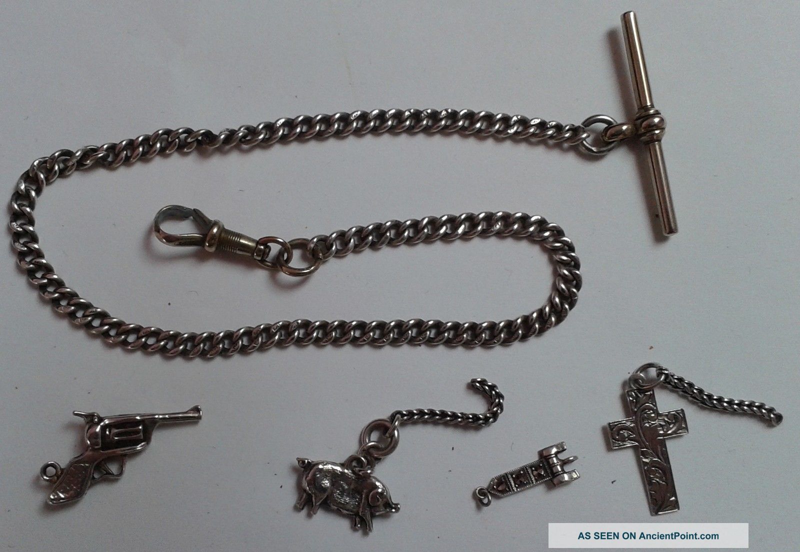 Solid Silver Albert P/w Chain With Small Fobs/charms Of Revolver & Pig Pocket Watches/Chains/Fobs photo
