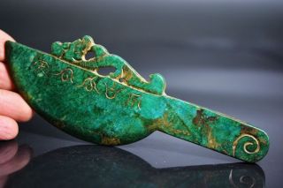 Collectible Chinese Old Green Jade Hand Carved Dragon Weapon Jp11 photo