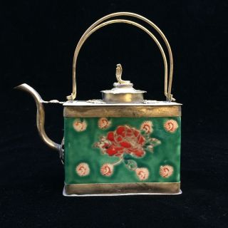 Chinese Ancient Tibet Silver Inlay Ceramic Handmade Hip Flask photo
