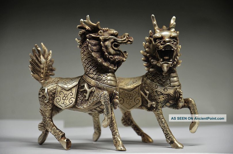 Chinese Silver Copper Handwork Carved Pair Unicorn Statue Other Antique Chinese Statues photo