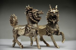 Chinese Silver Copper Handwork Carved Pair Unicorn Statue photo