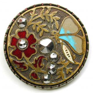 Antique Steel Cup Button Enamel Flower & Butterfly W Cut Steel Accents 1 & 1/8 