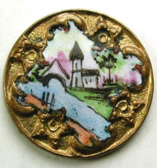 Antique French Enamel Button Chapel By River Pictorial - 9/16 