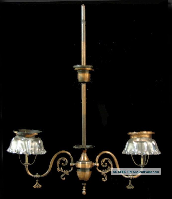 Antique Victorian Nouveau Japanned Copper Gas Chandelier Holophane Light Fixture Chandeliers, Fixtures, Sconces photo