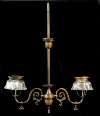 Antique Victorian Nouveau Japanned Copper Gas Chandelier Holophane Light Fixture photo