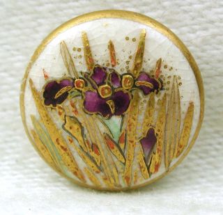 Antique Meiji Satsuma Button Purple Iris Flowers W/ Gold Accents 9/16 