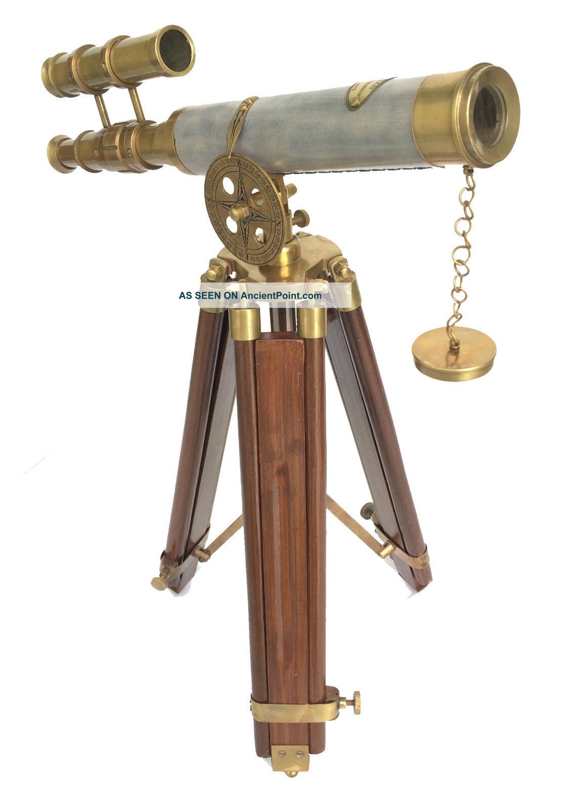 Antique Nautical Brass Leather Double Barrel Telescope Vintage Wooden Stand Telescopes photo