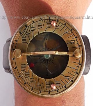 Antique Style Brass Leather Wrist Sundial Compass. photo