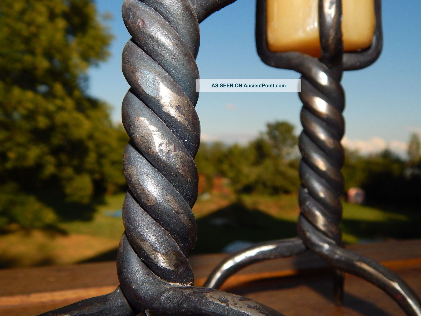 Rare Antique French Wrought Iron Table Candlestick Twisted Pair,  Candle Holder Primitives photo