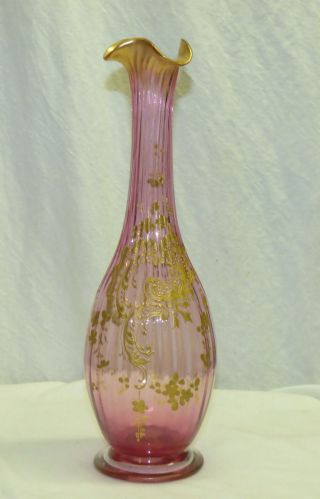 Antique Mont Joye Legras Victorian Pale Cranberry Pink Ribbed Glass Vase W/ Gold photo