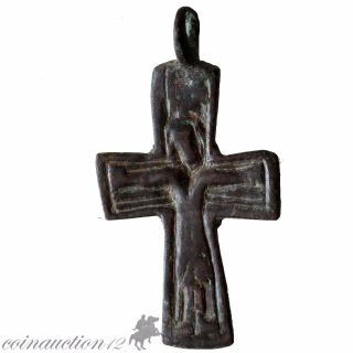 Museum Quality Byzantine Bronze Religious Cross Pendant,  Christ photo