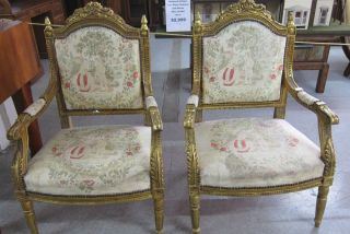 2 Chairs - Vintage Gilt Louis 16th French Hand Carved Armchairs In 1935 Movie photo
