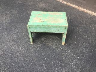 Antique Bench Stool Vintage Primitive Country 18 X 13 X11 Wood,  Old Green Paint photo