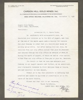 Gold Mines Carson Hill 1922 Letterhead Angels Camp Creek Calaveras County Mining photo