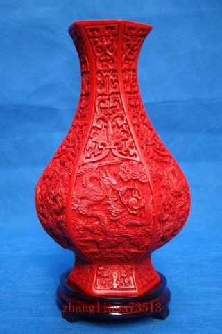 Antique Handmade Carving Lacquer Ware Flower Dragon Hexagon 10 