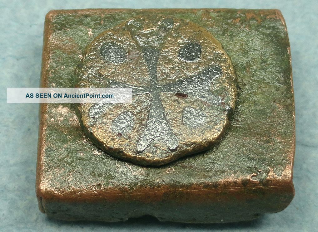Ancient Bronze Wax Seal Box W/ Niello Cross Roman photo