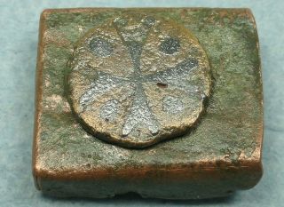 Ancient Bronze Wax Seal Box W/ Niello Cross photo