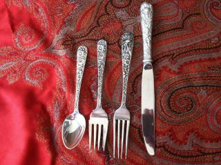 S Kirk & Son Sterling Silver Repousse 4 Piece Place Setting Forks Knife Spoon photo