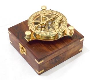 Brass Sundial Compass With Wood Box Nautical Marine Sundial Compass 4.  5 